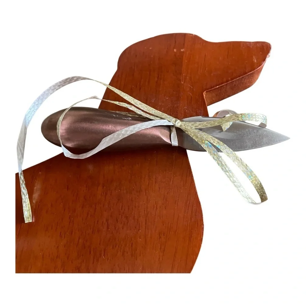 Dachshund Dog Dinner Wooden Charcuterie Platter with Brandani Inox Cheese Knife.